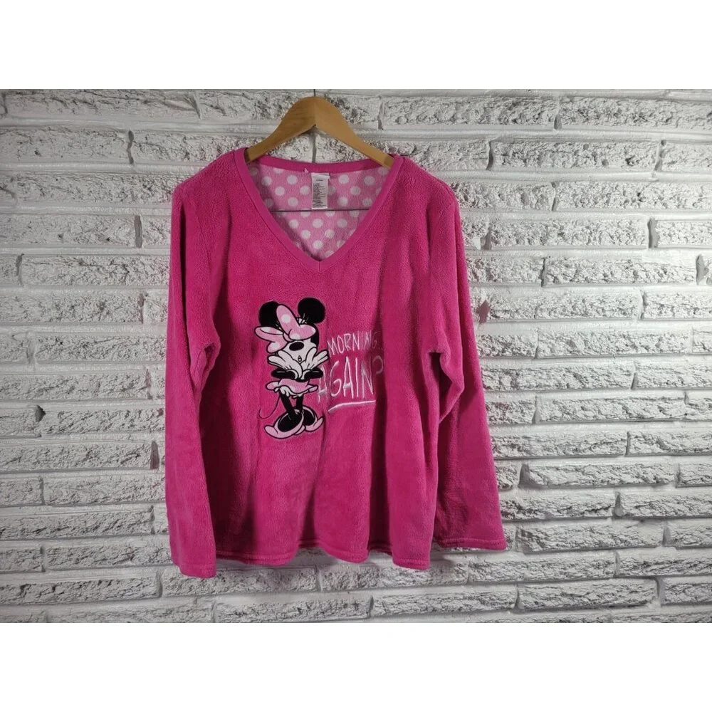 Disney Minnie Mouse Women's XL Pajama Top Pink V-Neck Long Sleeve Fleece NOV219E - Picture 1 of 7